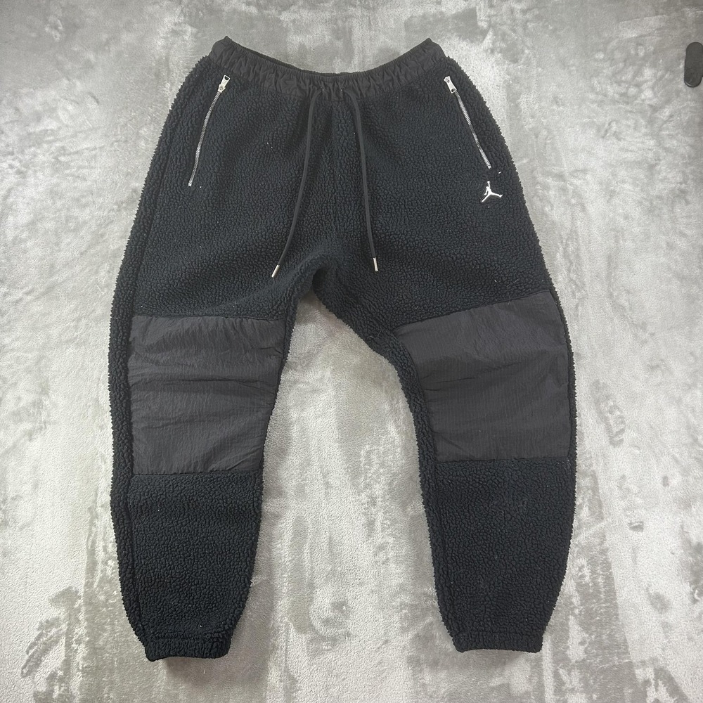 Jordan Pants Mens Medium Black Sherpa Fleece Joggers Zip Pockets Knee Panels